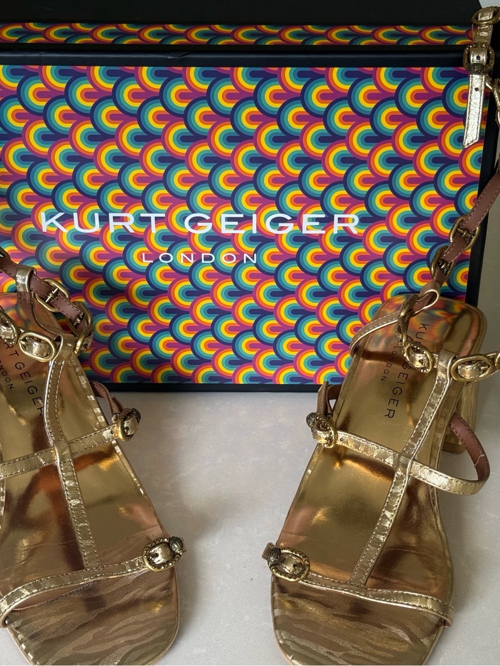 Kurt Geiger Metallic Gold T‑Strap Heeled Sandals